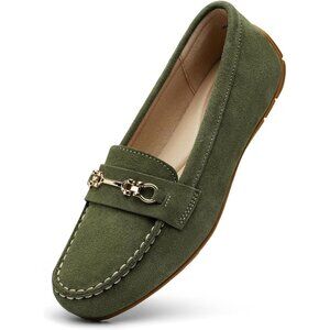 Kordal Women's Army GreenLeather Gold Accent Buckle Slip-Ons Comfortable Loafers